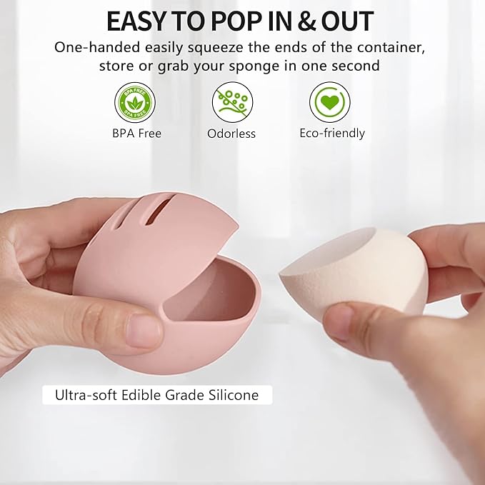 2 Pcs Makeup Sponge Holder,Double-Sided Breathable Silicone Beauty Blender Holder for Travel or Daily,Shatterproof Make-up Travel Case Quick Drying Easy to Carry,Grey+Pink