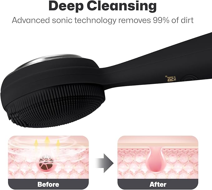 PRITECH Facial Cleansing Brush with 42° Constant‑Temperature Heating – Rechargeable Silicone Face Scrubber for Deep Pore Cleaning, Waterproof Vibrating Exfoliator for Women & Men (Black)