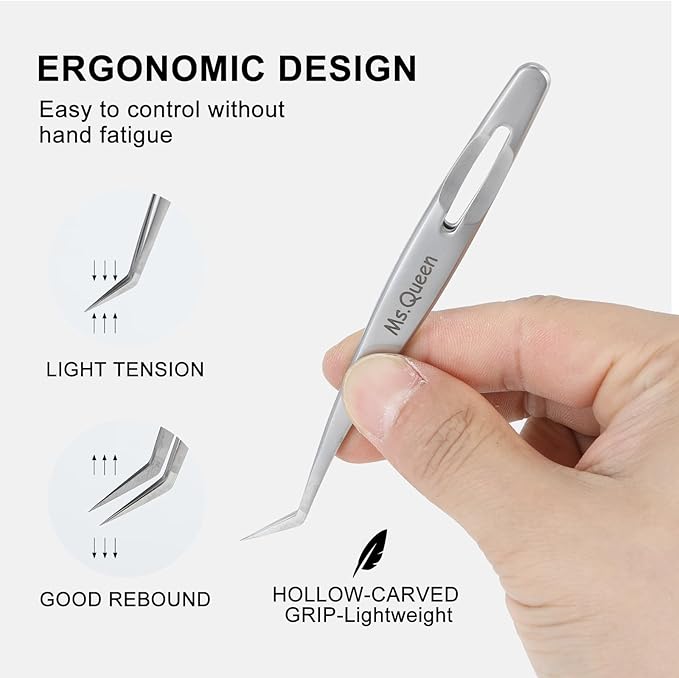 Ms.Queen Lash Tweezers for Lash Extensions,Professional 45 Degree Long Ultra-Firm tip Eyelash Tweezers for Isolation,Volume and Premade Fans Lashing