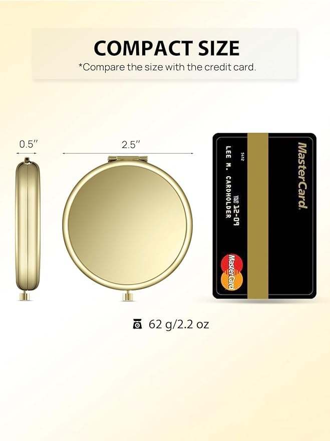 Compact Mirror Bulk, Set of 2 Double-Sided 1X/2X Magnifying Purse Pocket Makeup Mirrors(Round, Gold)