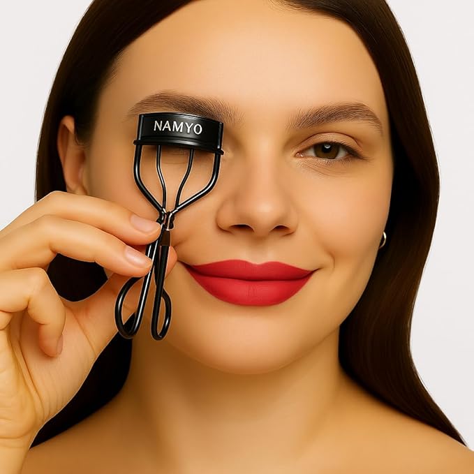 Premium Eyelash Curler Black Edition - Makeup Eyelash Tool with Lasting Lift. Holiday Gift Ready Packaging with Satin Bag. 10 Silicone Refill Pads. Travel Ready. Soft Grip.