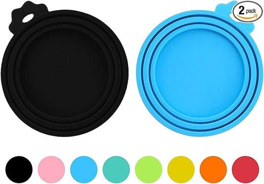 2 Pack Pet Food Can Covers, Silicone Universal Can Lids for Dog & Cat Food, BPA Free, One Fit Most Standard Size Food Cans Black/Blue
