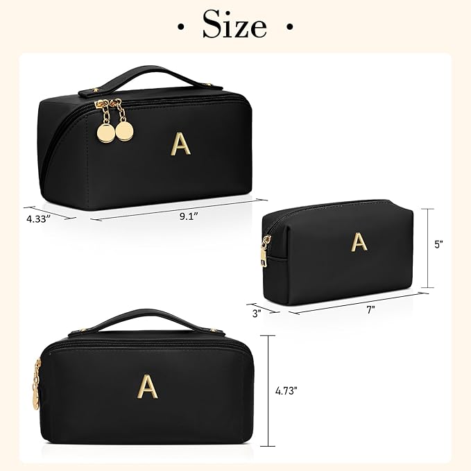 Birthday Gifts for Women Teen Girl, Personalized Initial Makeup Organizer Bag Set, Open Flat Travel Cosmetic Bag With Clear Divider and Handle(Black,A)
