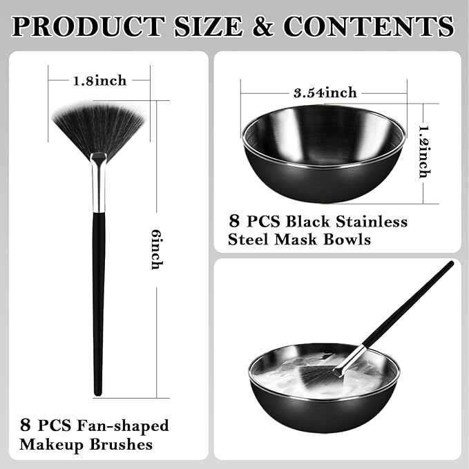16 Pcs Black Facial Bowl and Brush Set 8 Black Stainless Steel Mixing Bowls Facial Mixing Bowls Esthetician 8 Facial Fan Brushes Esthetician Face Mask Brush for Mud Cream Makeup Spa Salon Women