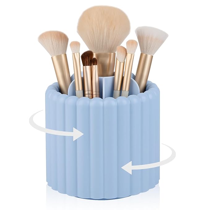 Anyoifax 360 Rotating Makeup Brush Holder 7 Slots Make Up Brush Organizer Removable Spinning Cosmetic Brushes Storage Pen Holder for Vanity, Dresser, Desk, Blue