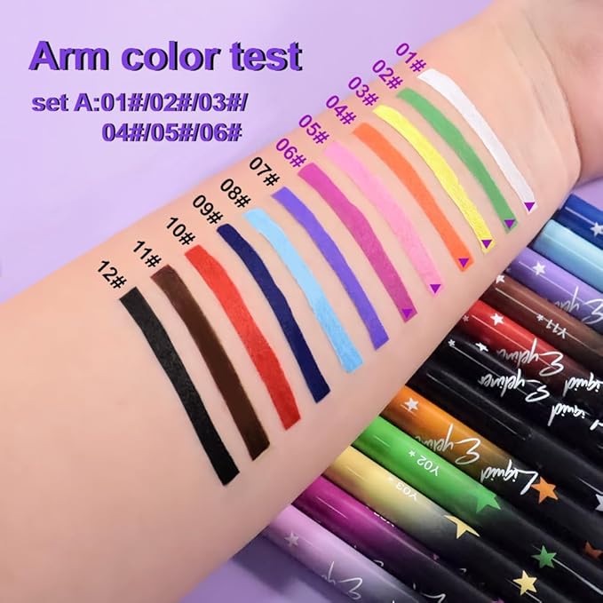evpct 6Pcs Matte Liquid Eyeliner Set Pack Waterproof Smudge Proof, White Green Yellow Orange Pink Purple Eye Liner Liquid Liner for Face Body Paint, Long-lasting Eyeliner Waterline Thin Quick-dry 01