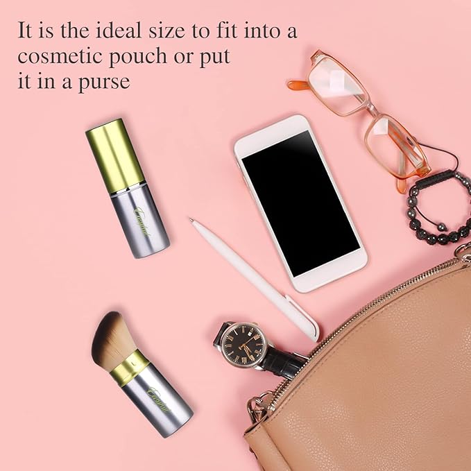 Easyhut Retractable Kabuki Makeup Brushes 2 Pcs Blush Brushes Set Portable Powder Brushes with Flat and Angled Top for Liquid Cream Cosmetics Travel, large/1.18inch(Silver Green)
