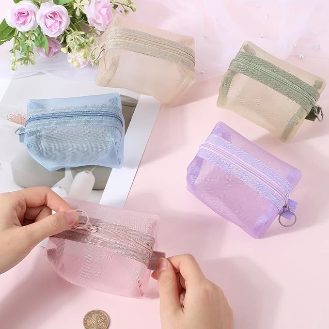 GORGECRAFT 5Pcs 5 Colors Portable Square Mesh Storage Bag Small Zippered Mesh Makeup Bag Cosmetic Coin Purse Travel Storage Organizer for Toiletry Blue Green Pink Purple Khaki 4.1 x 2.2 inch