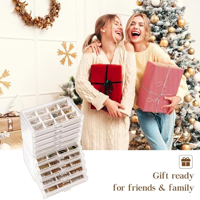 Lolalet Earring Holder Organizer Box Jewelry Storage with 10 Drawers, Clear Acrylic Stackable Earring Case with Adjustable Velvet Trays for Women on Dresser Vanity - Warmwhite,10 Layers