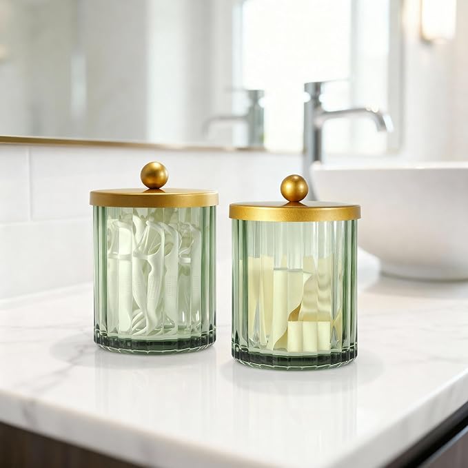 Amolliar Sage Green Glass Qtip Holder Dispenser, Bathroom Canister Apothecary Jar for Cotton Swabs, Cotton Balls, Round Pads, Floss Picks, Countertop Storage Organizer Container for Vanity,Gold 2 Pack