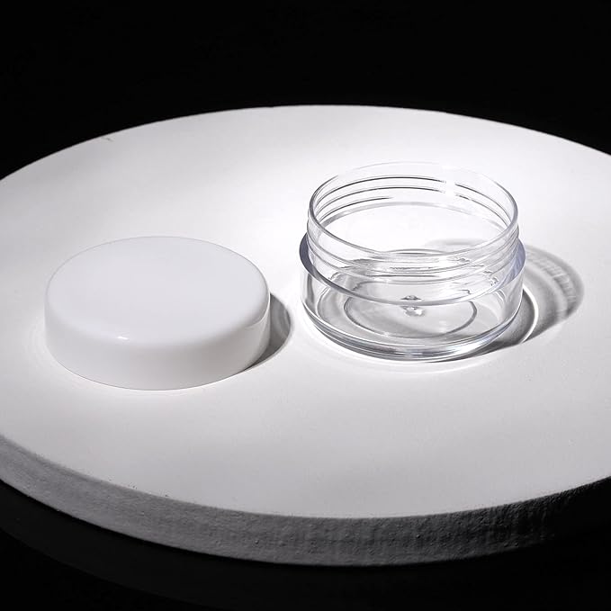 Refillable Cosmetic Sample Jars - 100 Pack 10g (0.35oz) White Small Travel Containers with Lids + 10 Mini Makeup Spatulas - BPA Free
