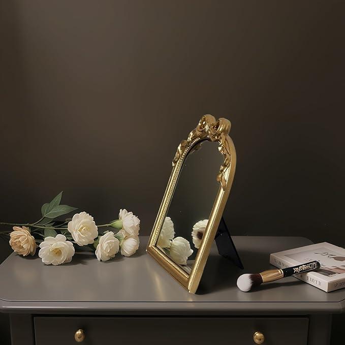 Vintage Vanity Desk Mirror - 13x10 Inch Wall-Mounted & Tabletop Decorative Ornate Gold Accent Retro Makeup Mirror for Bedroom Dresser Bathroom Living Room Dorm(Gold, 13" L x 10" W Bow)
