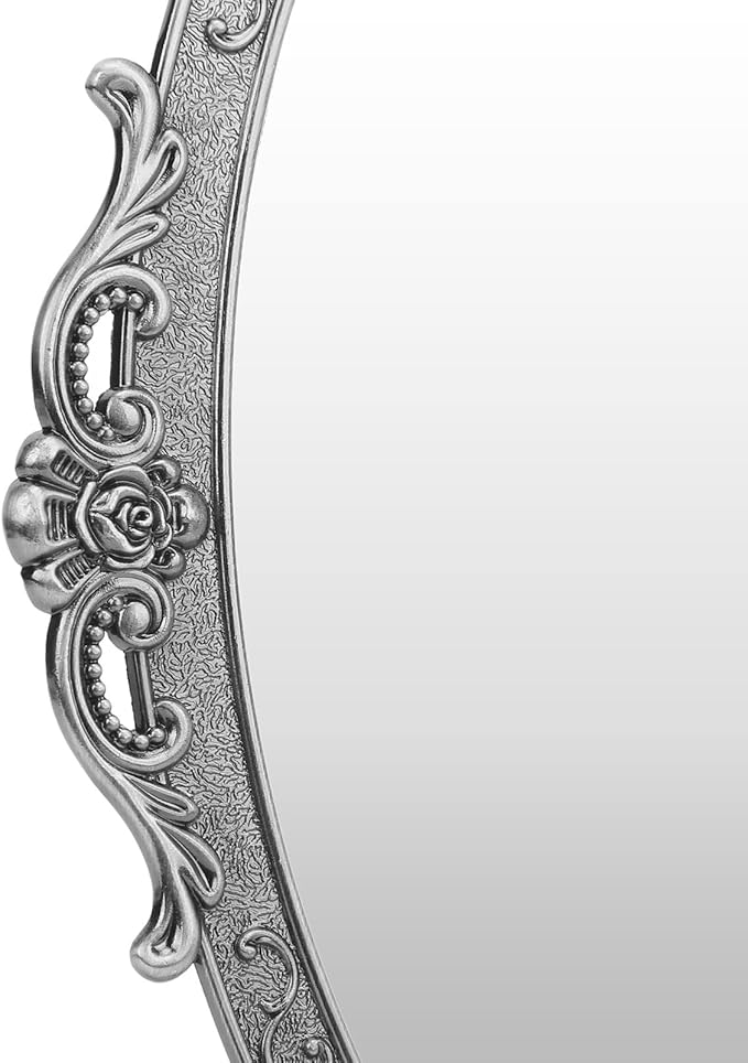 Cyrank Vintage Makeup Mirror, Oval Floral Mirror Decorative Tabletop Makeup Metal Vintage Cosmetic for Home Decorative(Antique Pewter)