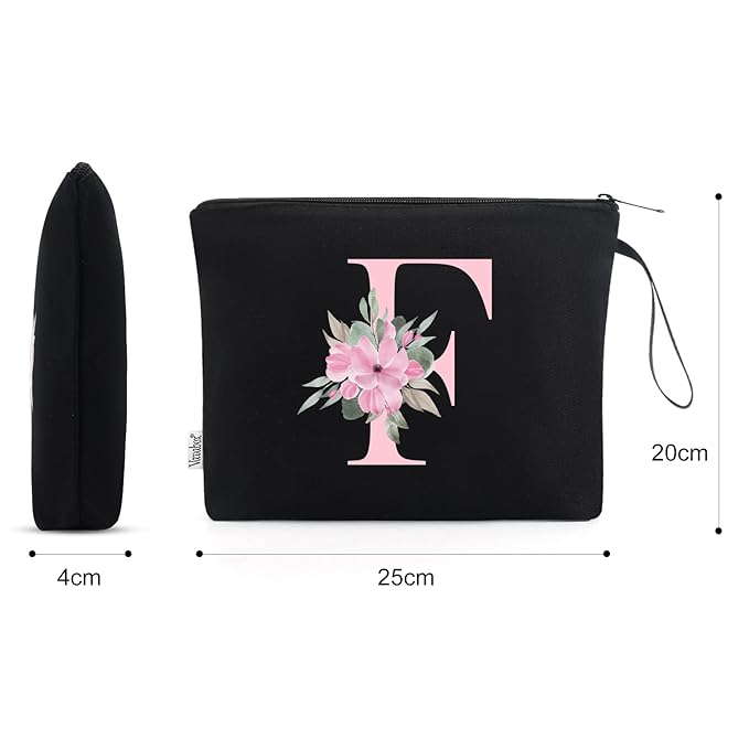 Vavabox A-Z Personalized Makeup Bag, Birthday Gifts for Women Mom, Gifts for Best Friend, Bride Bridesmaid Cosmetic bag (F, Black)