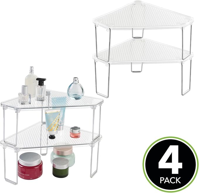 mDesign Plastic/Steel Corner Stackable Rack, Storage Organizer Shelf for Bathroom, Vanity, Countertop, Sink, Cabinet, Holds Makeup, Shower Accessories, Ligne Collection - 4 Pack - Clear