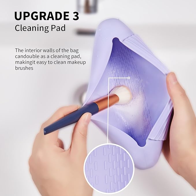 Silicone Makeup Brush Holder Travel Cosmetic Bag：Soft Portable Cosmetic Face Brushes Holder with Upgrade Anti-Fall Out Magnetic Closure, Large Travel Makeup Brush Case - Lavender