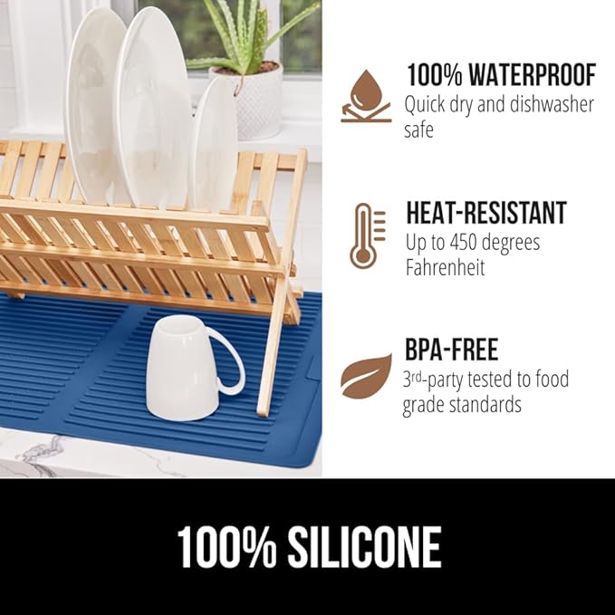 GORILLA GRIP 100% BPA-Free Patented Silicone Dish Drying Mat for Kitchen Counter, Water Catching Ribbed Design, Easy Clean Waterproof Sink Liner, Heat Resistant, Fits Under Rack, 11x13 Inch, Blue