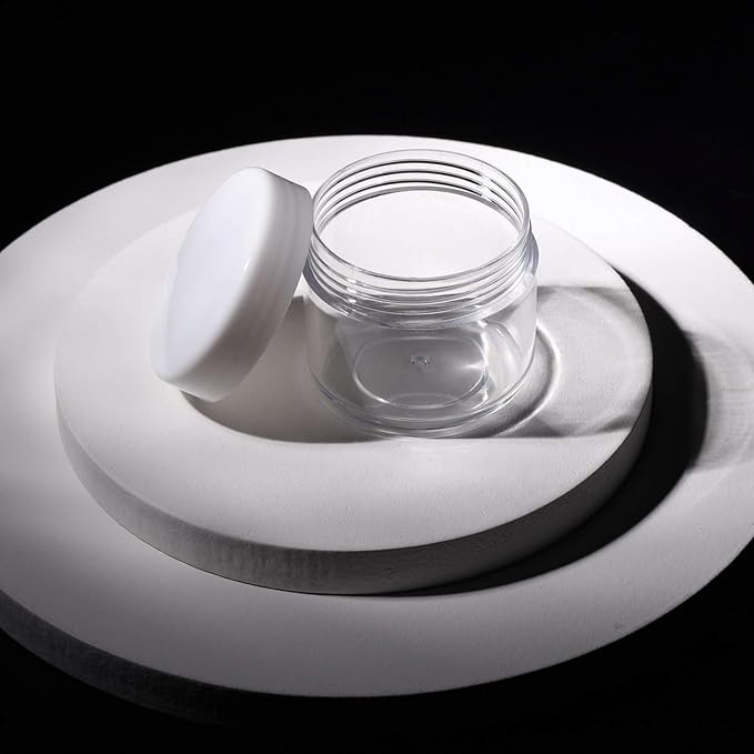 Refillable Cosmetic Sample Jars - 100 Pack 20g (0.7oz) White Small Travel Containers with Lids + 10 Mini Makeup Spatulas - BPA Free