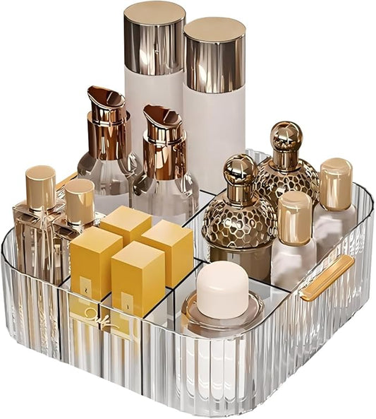DASITON Acrylic Makeup Organizer,9 Slots Makeup Brush Holder,Makeup Storage with Handle,Vintage Striped Cosmetic Organizer for Desk Storage Container,Vanity,Bathroom(Clear)
