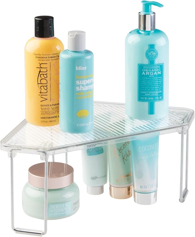 mDesign Plastic/Steel Corner Stackable Rack, Storage Organizer Shelf for Bathroom, Vanity, Countertop, Sink, Cabinet, Holds Makeup, Shower Accessories, Ligne Collection - 4 Pack - Clear