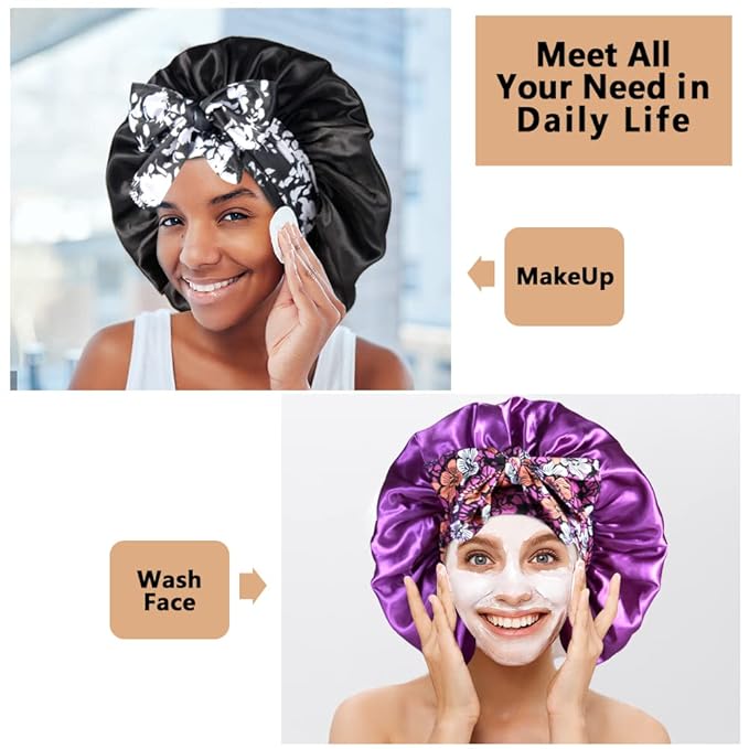 2pcs Large Silky Bonnets with tie Band Braid Bonnet, Satin Bonnet for Sleeping Curly Hair, E