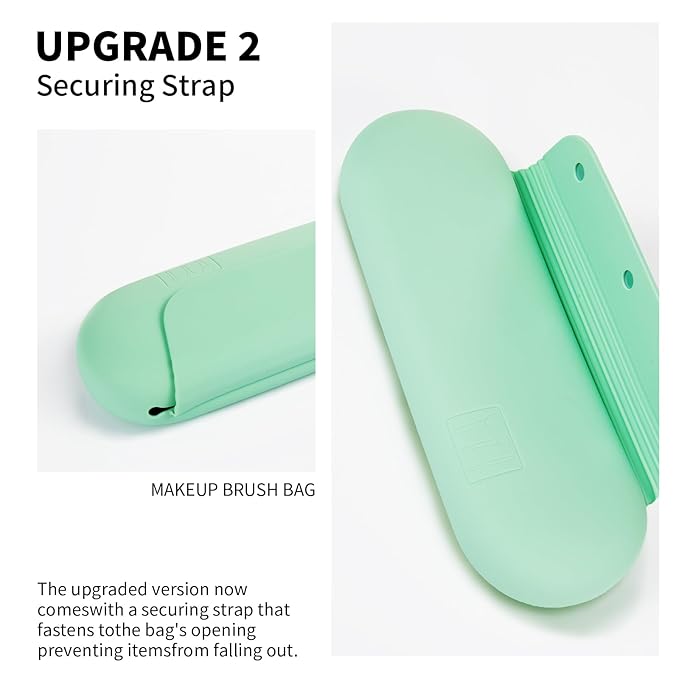 Silicone Makeup Brush Holder Travel Cosmetic Bag：Soft Portable Cosmetic Face Brushes Holder with Upgrade Anti-Fall Out Magnetic Closure, Large Travel Makeup Brush Case - Green