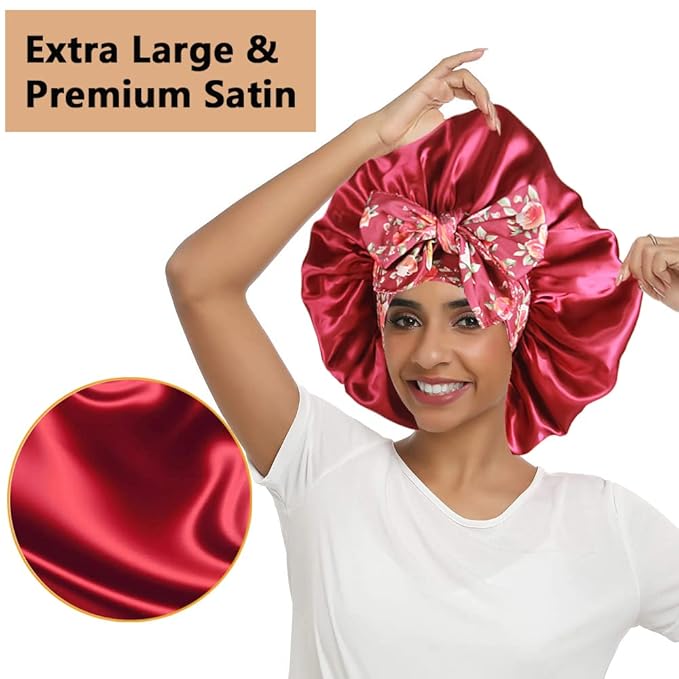 2pcs Large Silky Bonnets with tie Band Braid Bonnet, Satin Bonnet for Sleeping Curly Hair, C