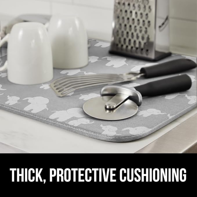 GORILLA GRIP Ultra Water Absorbent Microfiber Dish Drying Mat 2 Pack, Quick Dry Mesh, Slip Resistant Pad for Sink Dishes or Under Rack, Kitchen Counter Accessories, Machine Wash, 18x16 Inch, Elephants