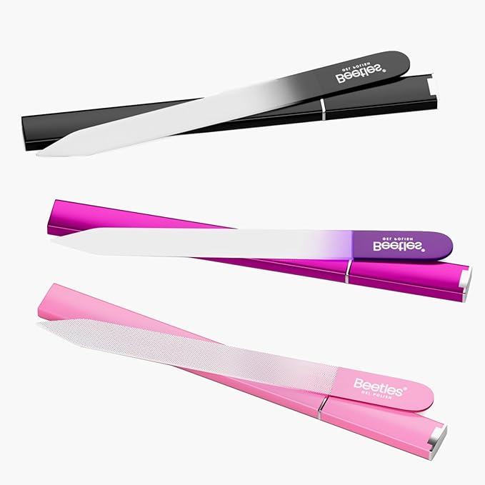 Beetles Glass Nail File for Natural Nails 3 Pack – Double-Sided Crystal Nail Files with Case Etched Gentle Nails Care for Shaping & Polishing Manicure, Washable Reusable Glass Fingernail Files
