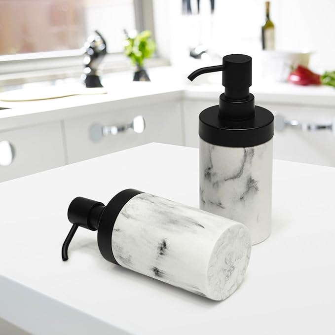 2 Pcs Bathroom Marble Soap Dispenser Set-Marble Wide Open, Refillable Liquid Circular Marble Decorative Soap Dispenser for Bathroom Countertop & Kitchen Home Decor, White