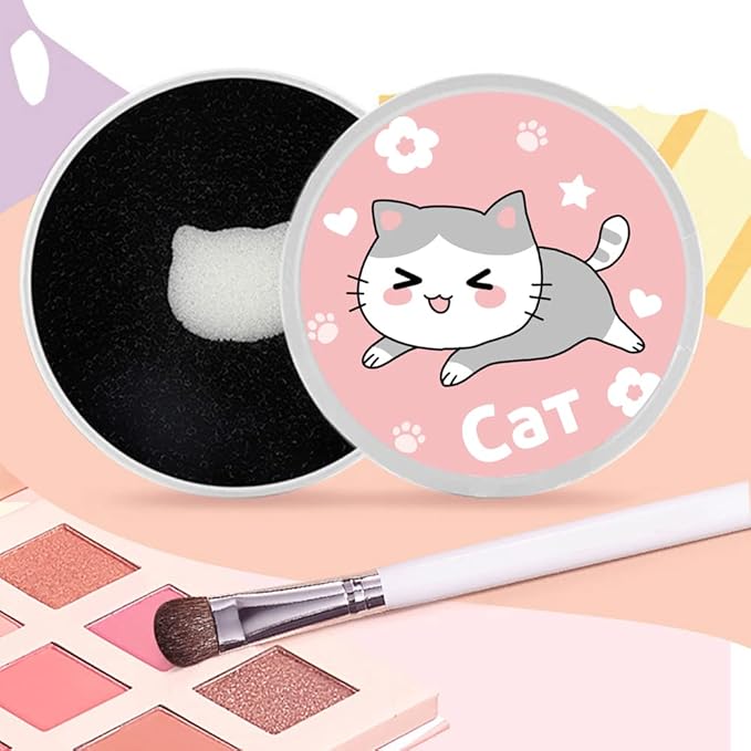 Makeup Brush Cleaner - 4 Pack Color Removal Sponge Brush Cleaner with One Silver Tin and Lid - Stipple Sponge for Quick Color Switch, Travel (Cat)