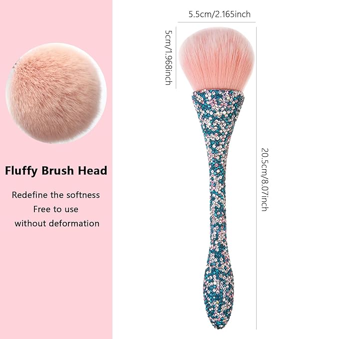 WOKOTO 1pcs Blue Shiny Rhinestone Nail Art Dust Brushes For Acrylic Nails Powder Remover Brushes Loose Face Cosmetics Blending Liquid Foundation Powder Make Up Brushes Nail Trimming Cleaning Tools