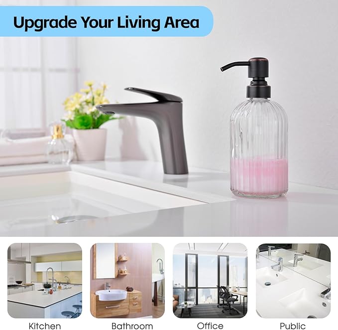 16Oz Clear Glass Soap Dispenser with Rust Proof Bronze Stainless Steel Pump, Refillable Bathroom Soap Dispenser with Vertical Stripe, Oil Rubbed Bronze Pump Kitchen Dispensers