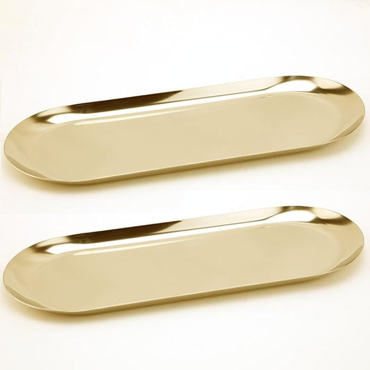 Fermus Stainless Steel Decorative Tray, Set of 2, 12 Inch Long, Jewelry Dish Cosmetics Organizer Bathroom Clutter Serving Platter Small Storage Tray, Oval, Gold