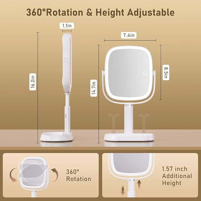 Vanity Mirror with Lights, Rectangular Lighted Makeup Mirror with 3 Color Lights, 1X/10X Magnification, Adjustable Height, 360° Rotation, 4000mAh Rechargeable for Desk, Gifts for Women