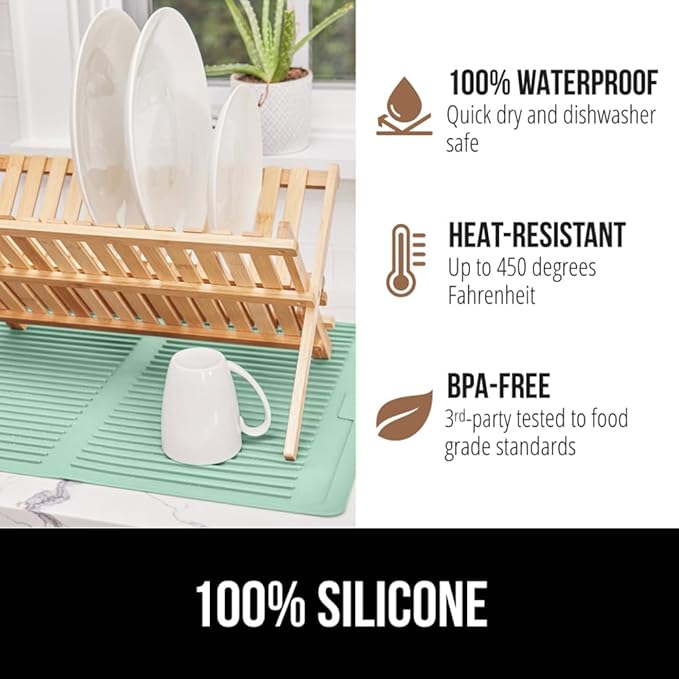 GORILLA GRIP 100% BPA-Free Patented Silicone Dish Drying Mat for Kitchen Counter, Water Catching Ribbed Design, Easy Clean Waterproof Sink Liner, Heat Resistant, Fits Under Rack, 12x16 Inch, Mint