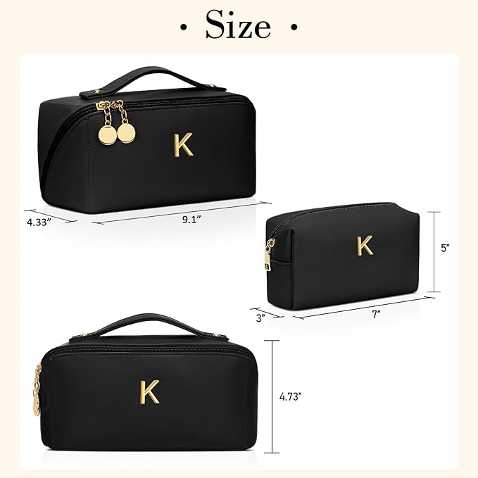 Birthday Gifts for Women Teen Girl, Personalized Initial Makeup Organizer Bag Set, Open Flat Travel Cosmetic Bag With Clear Divider and Handle(Black,K)