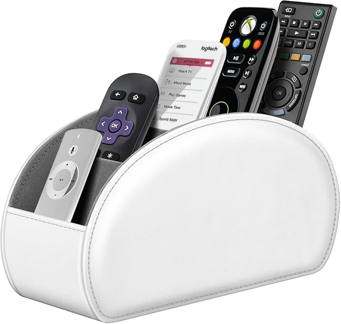 Fintie Remote Control Holder, 5 Compartments Vegan Leather TV Remoter Caddy Desktop Organizer Makeup Brush Holder Storage Fits TV Remotes, Media Controllers, Office Supplies(White)