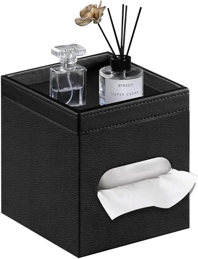 PU Leather Square Tissue Box Cover with Storage Tray - Decorative Organizer for Bathroom Vanity, Night Stands, Office Desk, Bedroom Countertop | Stylish Tissue Holder for Home & Office Décor