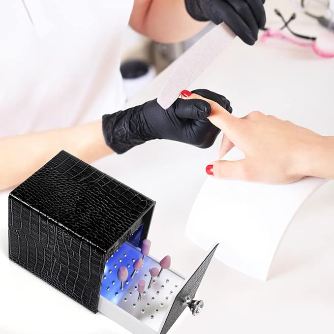 Nail Drill Bit Holder,Blue UV Light Box for Grinding Heads Dustproof Stand Displayer Acrylic 48 Holes Nail Salon Organizers Manicure Tools with USB Charging, Black (Not Inlcude Drill Bits)