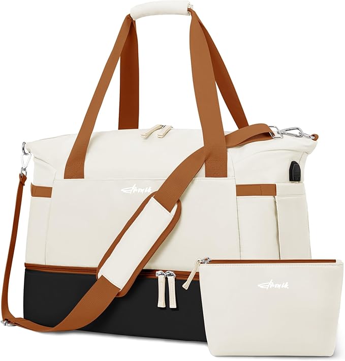 ETRONIK Gym Bag for Women, 45L Carry On Travel Duffel Bag with Shoes Compartment, Weekender Overnight Bag with Wet Pocket & USB Charging Port for Women, Travel, Gym, Weekend, Large Size (Beige)