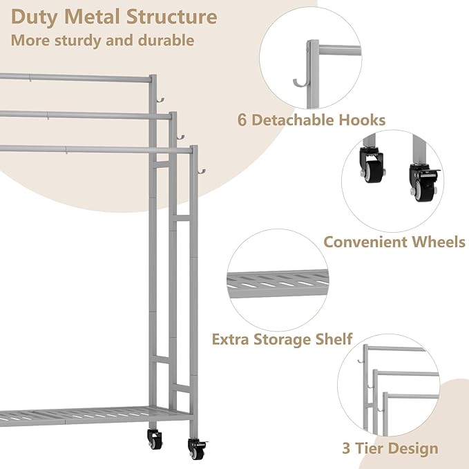 SORCEDAS Towel Rack 3 Tier Free Standing Metal Towel Stand with Storage Shelf and Wheel for Extra Large Towel Blanket Drying (Grey)