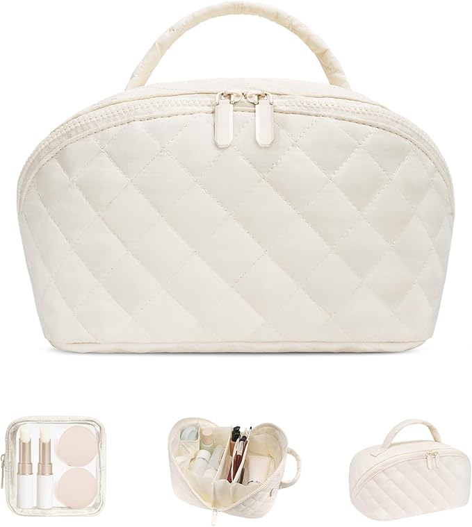 Makeup Bag, Quilted Makeup Bag, Puffy Travel Make up Bags, Cosmetic Organizer Bag, Waterproof Toiletry Bag for Women