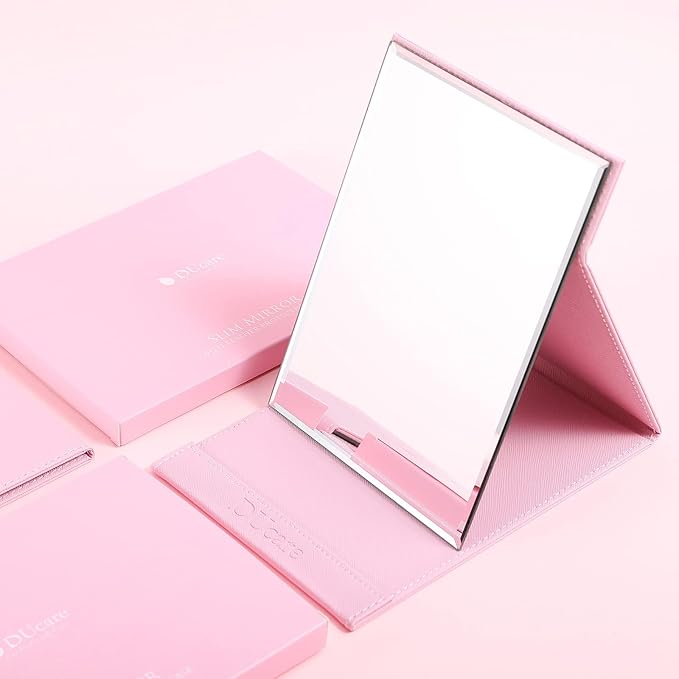 DUcare Folding Mirror Portable Travel PU Portable Adjustable Rectangular Ultrathin Vanity Mirror with Stand Pink