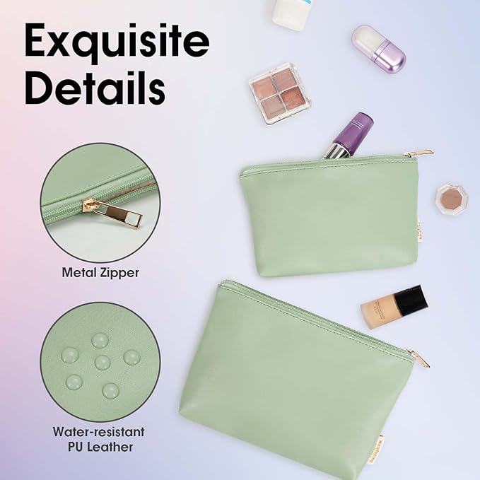 Wandering Nature Makeup Bag Small Cosmetic Bag for Purse 2 Pack Small Make Up Pouch Vegan Leather Cute Travel Pouch with Zipper for Women, Green