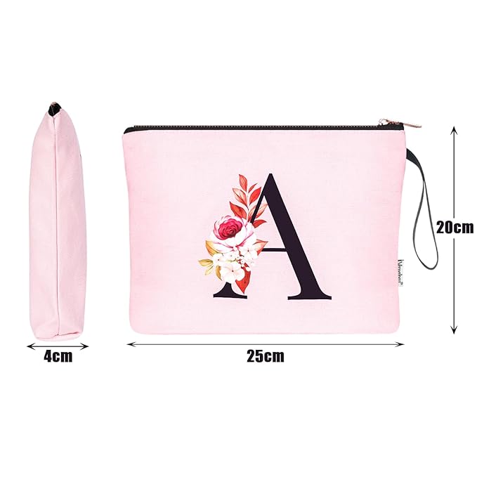 Vavabox A-Z Personalized Makeup Bag, Birthday Gifts for Women Mom, Gifts for Best Friend, Bride Bridesmaid Cosmetic bag (A, Pink)