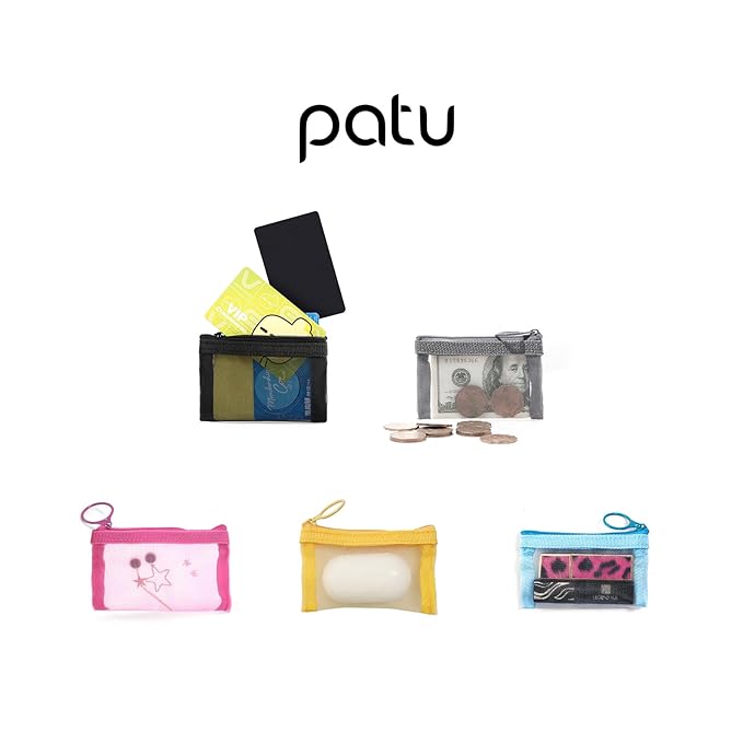 Patu Mini Zipper Mesh Bags, 3" x 4", Size XS / A8, 5 Pieces, Keychain Pouch Key Holder, Coin Purse, Clear Travel Kit Small Item Cosmetic Organizer, Assorted Colors