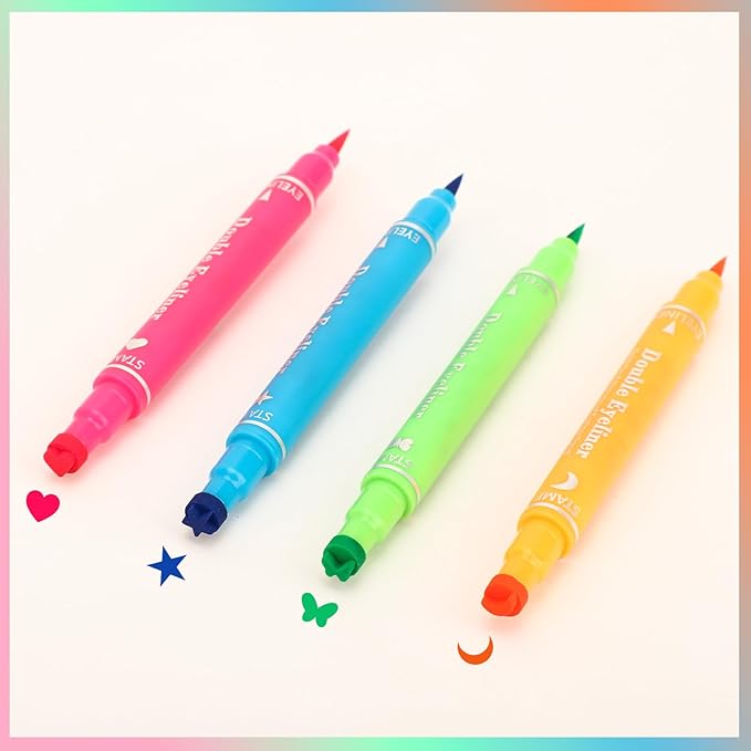 Erinde 4PCS Liquid Eyeliner Stamp Set, Double-Ended Colored Winged Eyeliner Pens with Face Stamps, Blue Star, Pink Heart, Orange Moon, Green Butterfly Waterproof Winged Eye Liner, Cosplay Eye Makeup