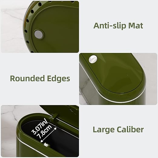Mini Trash Can for Desk with 5 Rolls of Trash Bags, Small Press-Top Countertop Garbage Bin, Removable Waste Basket for Bedroom, Vanity, Coffee Table, Kitchen (Green Full-Lid)