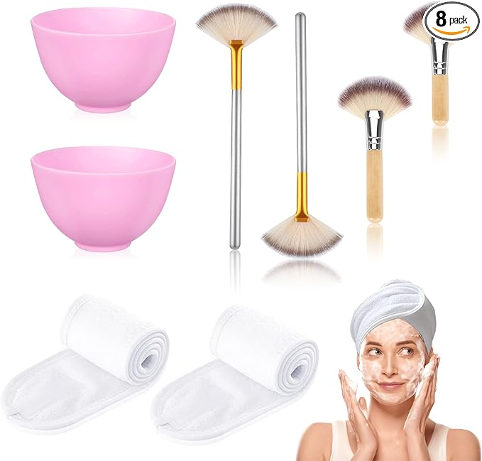 8 Pcs Esthetician Supplies for Facials 2 Facial Fan Mask Brushes 2 Purple Silicone Facial Bowls 2 Spa Facial Headband Velcro 2 Fluffy Fan Brushes Facial Applicator Brush with Long and Short Handle